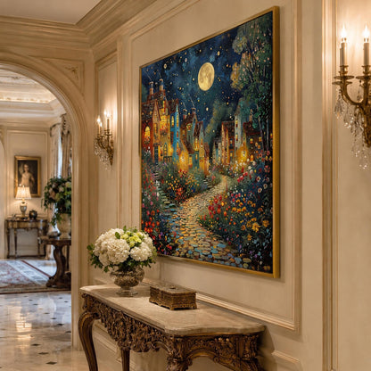 Impasto Oil Painting – Teal and Gold Village City Architecture Wall Art | Impasto Oil Painting, view 2