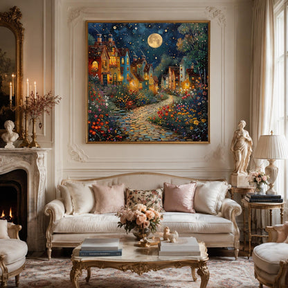 Teal and Gold Impasto City Architecture Wall Art – Moonlit Village Oil Painting