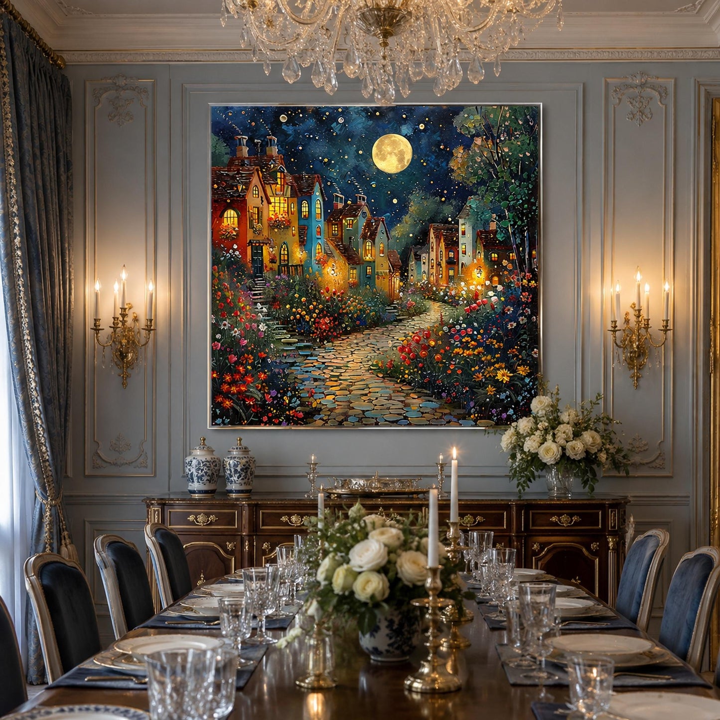Teal and Gold Impasto City Architecture Wall Art – Moonlit Village Oil Painting