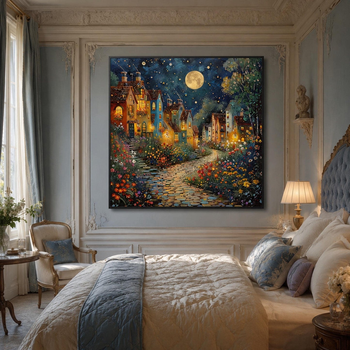 Impasto Oil Painting – Teal and Gold Village City Architecture Wall Art | Impasto Oil Painting, view 3