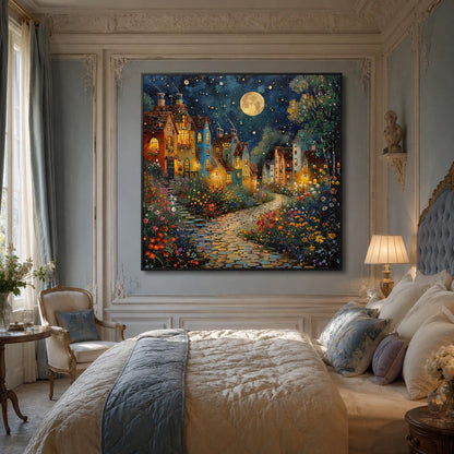 Impasto Oil Painting – Teal and Gold Village City Architecture Wall Art | Impasto Oil Painting, view 3