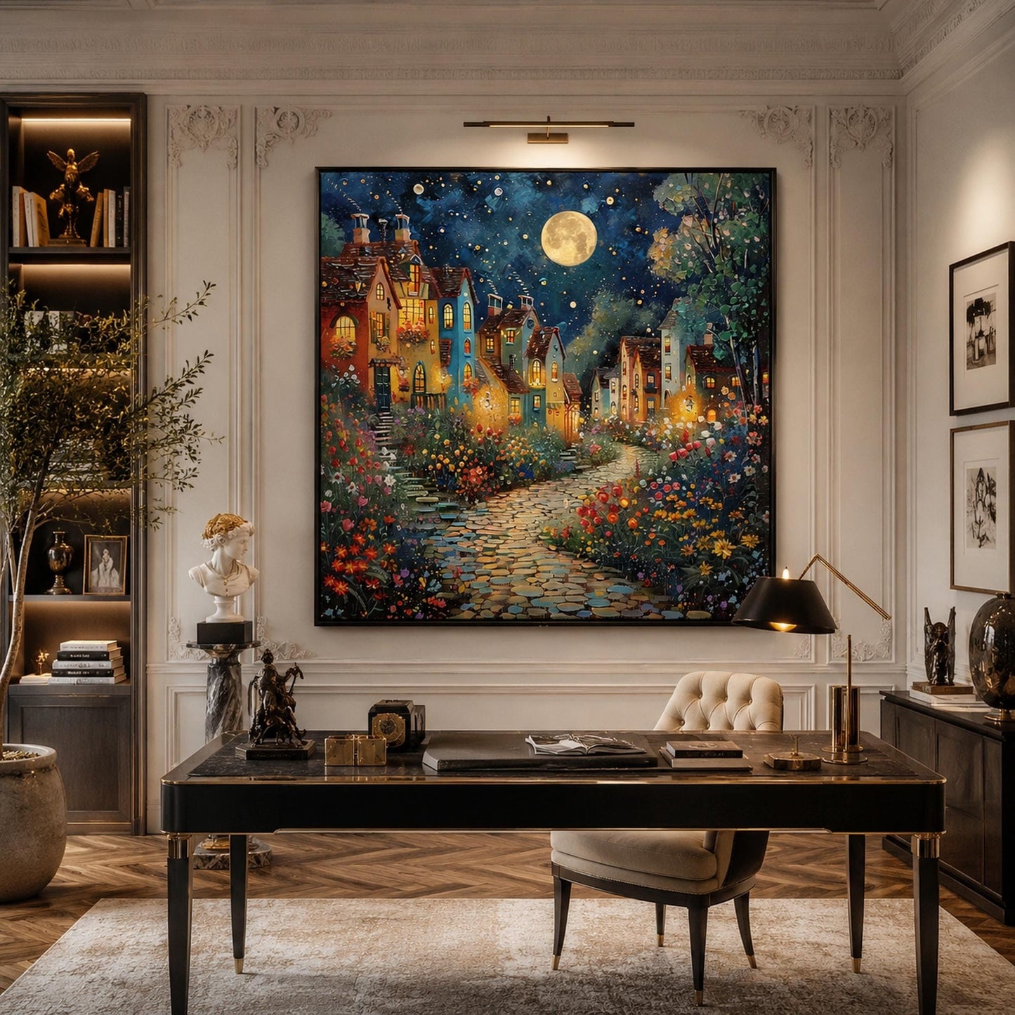 Impasto Oil Painting – Teal and Gold Village City Architecture Wall Art | Impasto Oil Painting, view 1