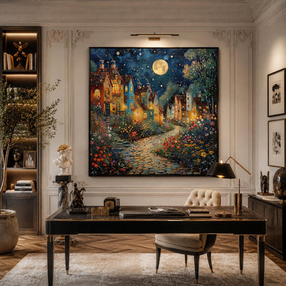 Impasto Oil Painting – Teal and Gold Village City Architecture Wall Art | Impasto Oil Painting, view 1