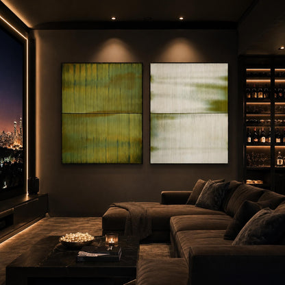 Olive and Green Textured Minimalist Wall Art – Serene Green Diptych
