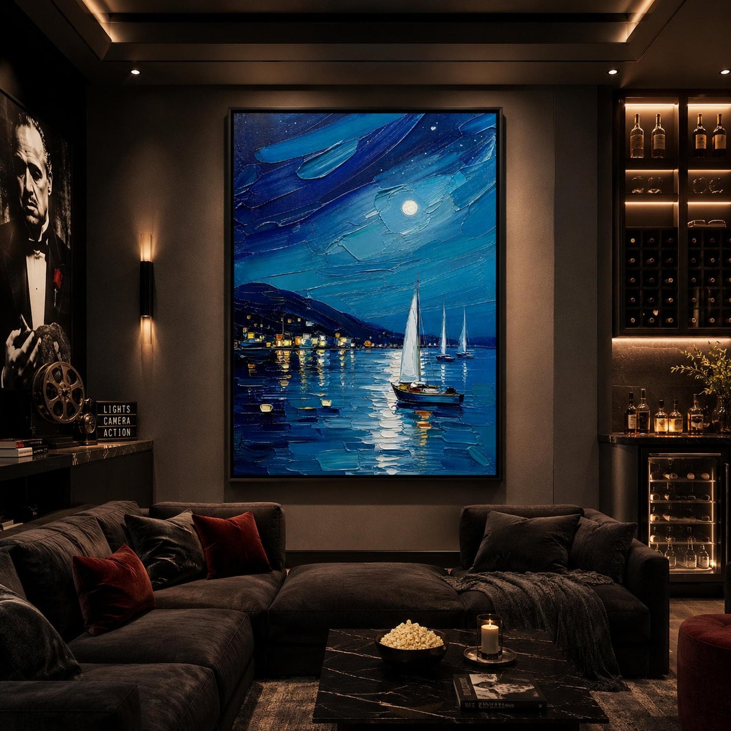 Moonlit Harbor Seascape Wall Art – Blue Palette Knife Painting