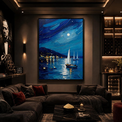 Moonlit Harbor Seascape Wall Art – Blue Palette Knife Painting