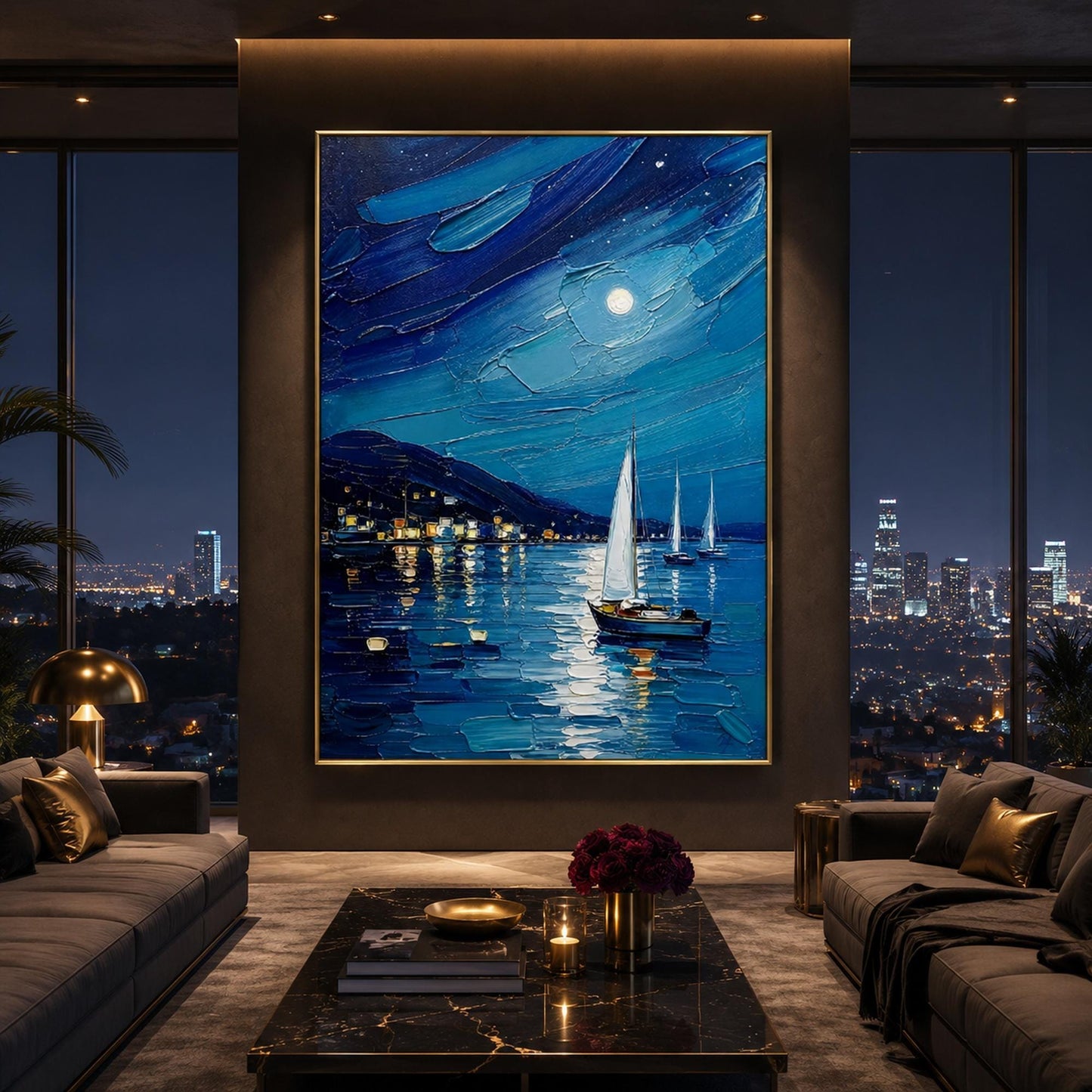 Moonlit Harbor Seascape Wall Art – Blue Palette Knife Painting