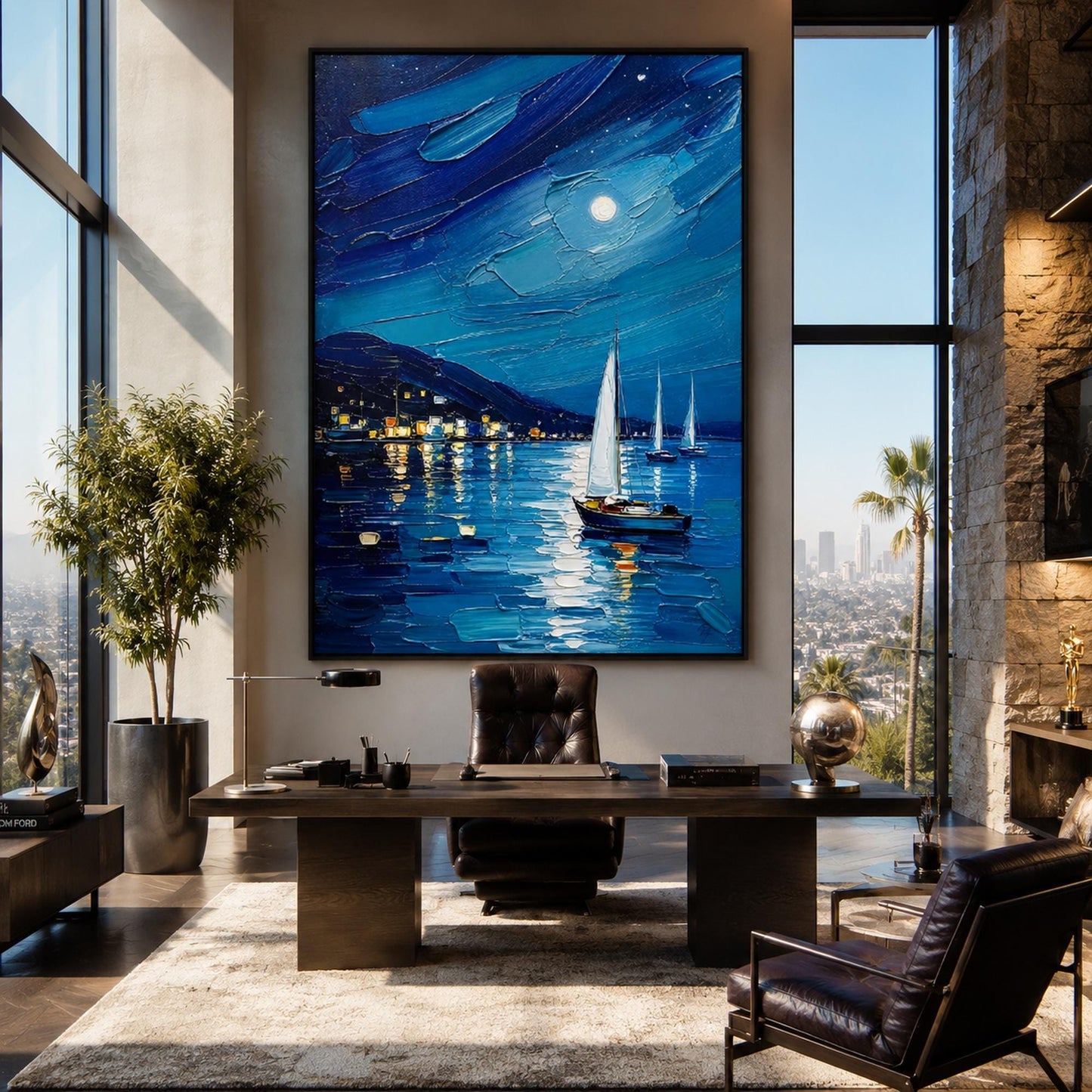 Moonlit Harbor Painting Night Sailing – Blue Shoreline Seascape Wall Art | Palette Knife Painting, view 2