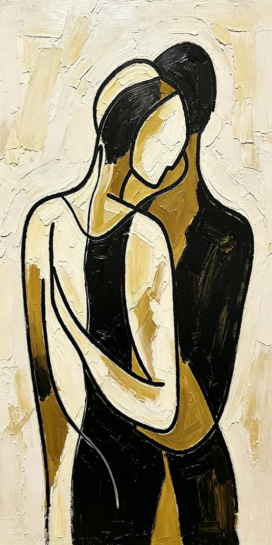 Impasto Abstract Couple Hug Painting, Neutral Tones Minimalist Line Lovers Canvas Wall Art, Textured Romantic Wall Decor For Home