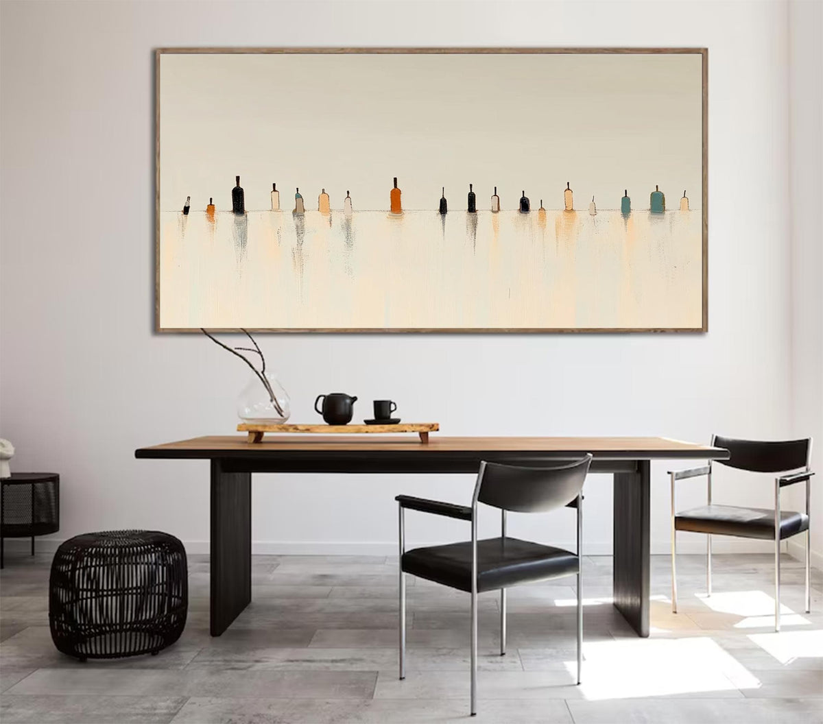 Minimalist Figure Wall Art Beige Neutral Landscape Painting Tiny People for Living Room Decor