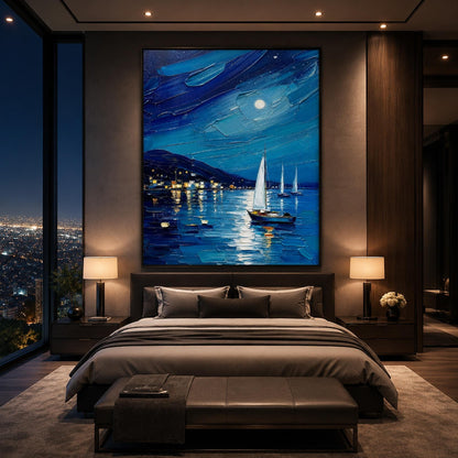 Moonlit Harbor Painting Night Sailing – Blue Shoreline Seascape Wall Art | Palette Knife Painting, view 1