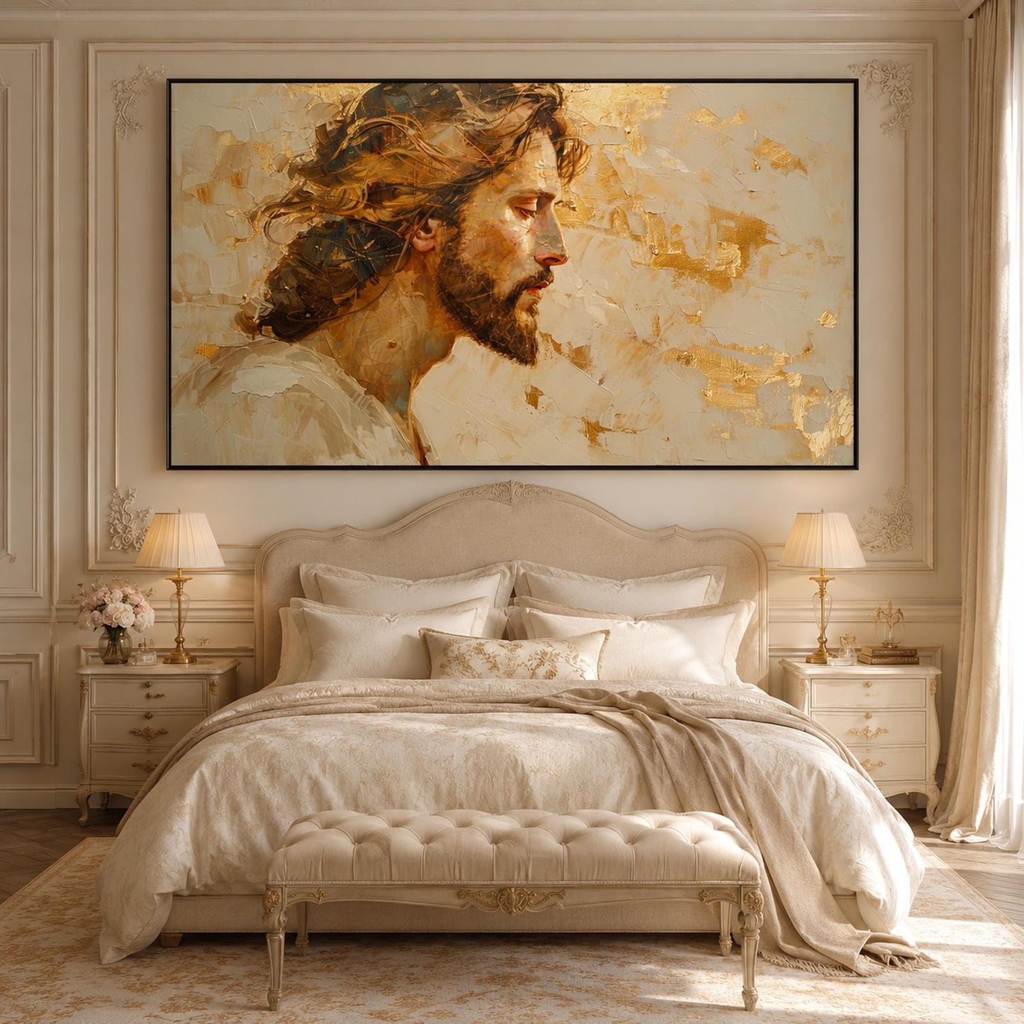 Gold and Cream Impasto Leaf Wall Art – Sacred Portrait Painting