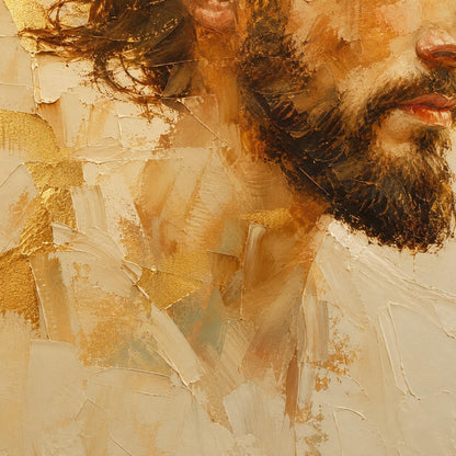 Sacred Portrait Painting Gold Leaf Art – Gold and Cream Botanical Leaf Wall Art | Impasto Painting, view 5