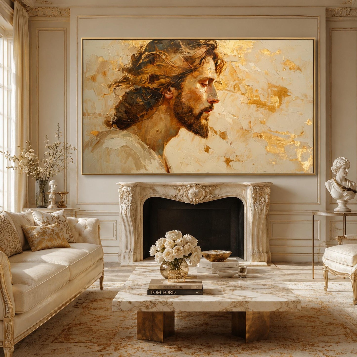 Gold and Cream Impasto Leaf Wall Art – Sacred Portrait Painting