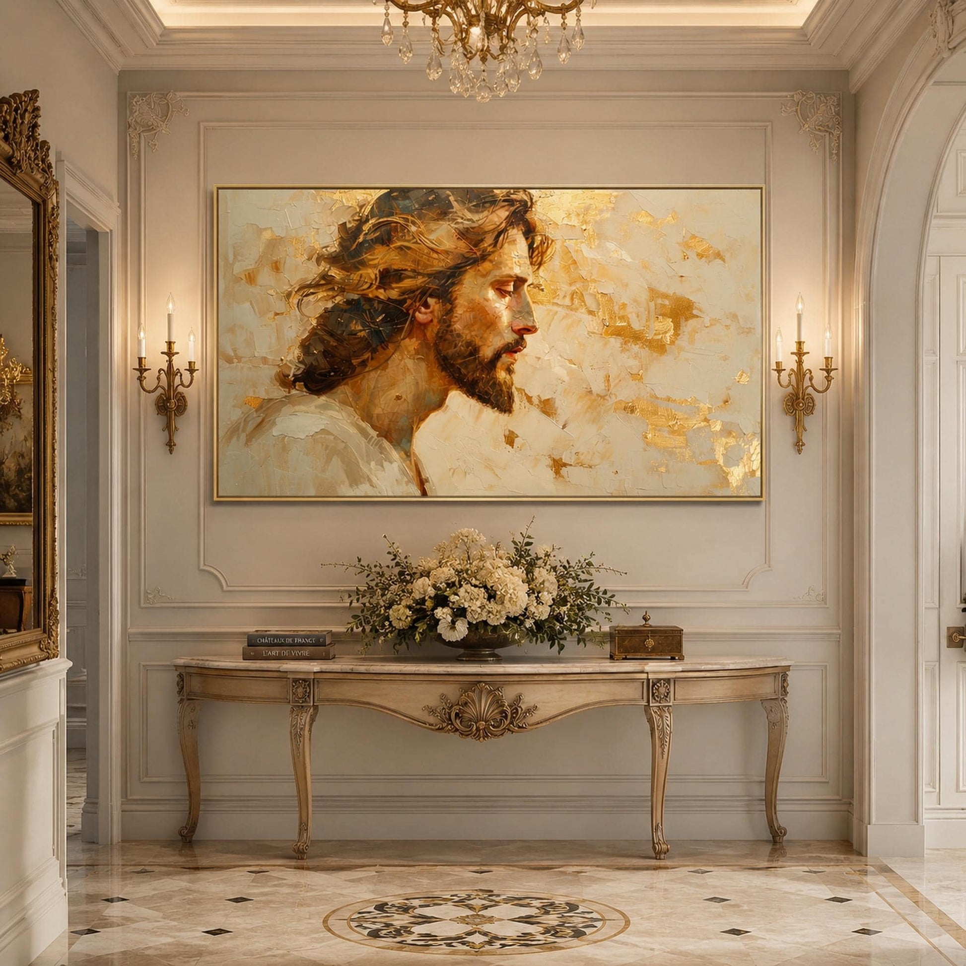 Sacred Portrait Painting Gold Leaf Art – Gold and Cream Botanical Leaf Wall Art | Impasto Painting, view 3
