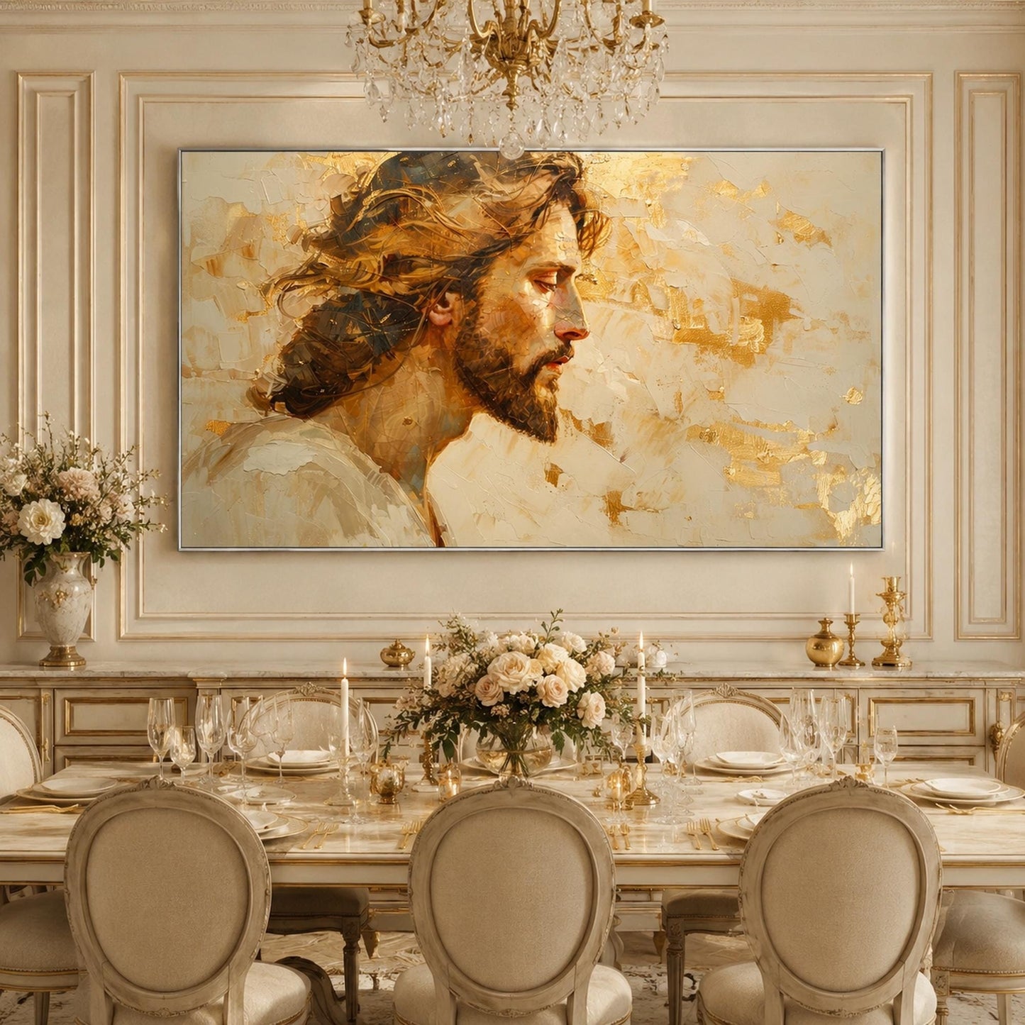 Sacred Portrait Painting Gold Leaf Art – Gold and Cream Botanical Leaf Wall Art | Impasto Painting, view 1