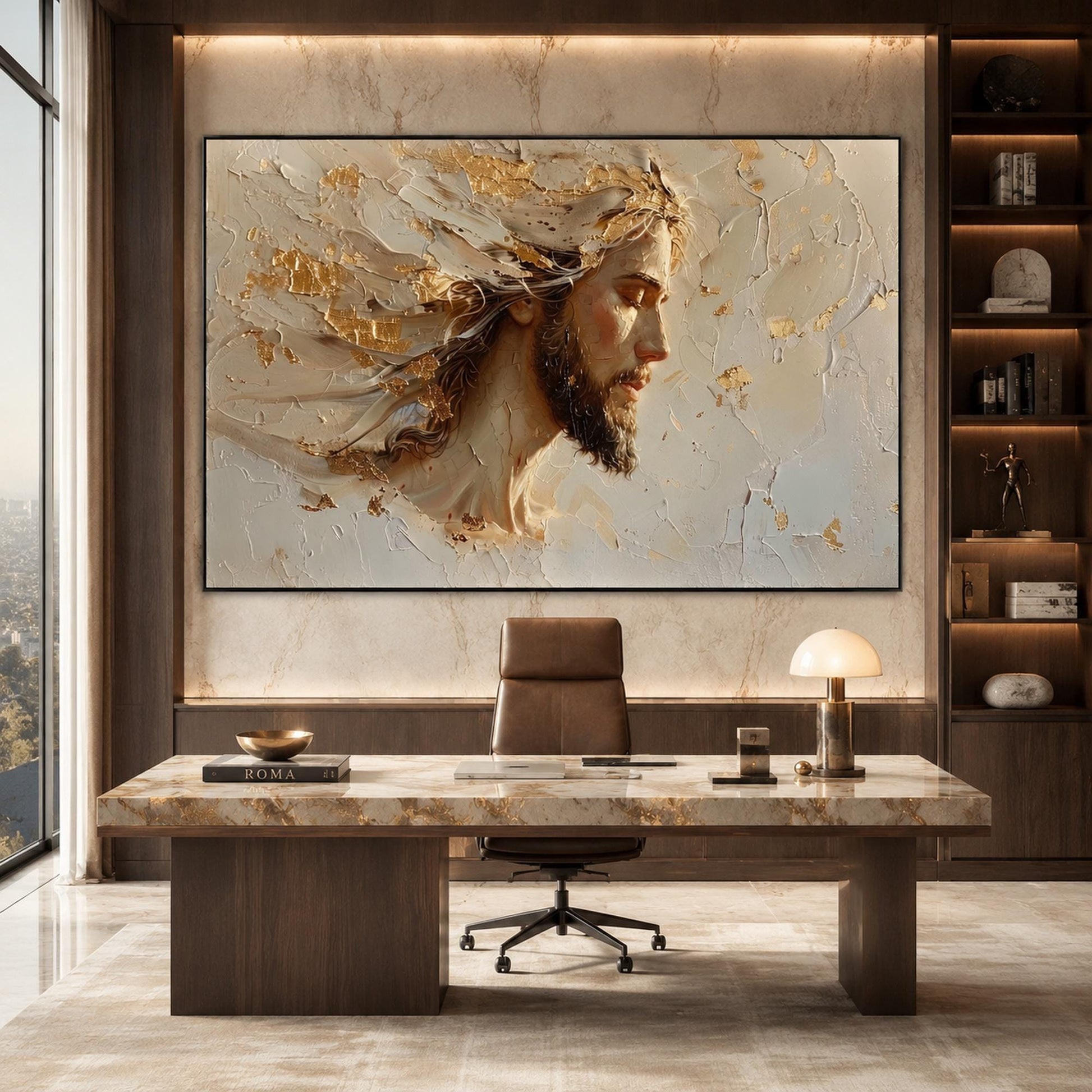 Peaceful Sacred Painting Gold Canvas – Gold and Grey Abstract 3D Texture Wall Art | Impasto Painting, view 3