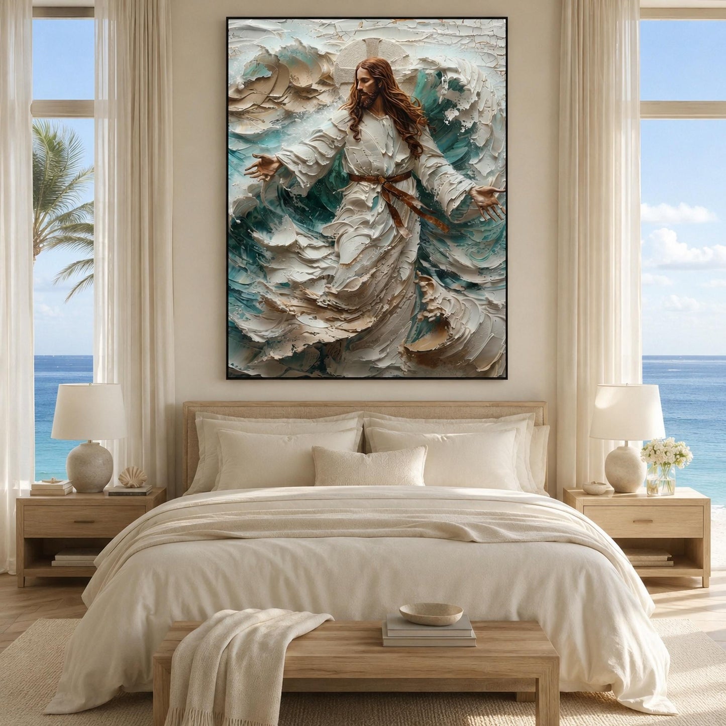 Divine Figure Painting – Blue and White Ocean Wave Seascape Wall Art | Impasto Hand-Painted Painting, view 3