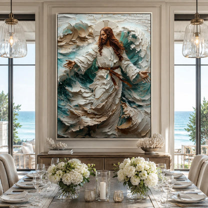 Divine Figure Painting – Blue and White Ocean Wave Seascape Wall Art | Impasto Hand-Painted Painting, view 4