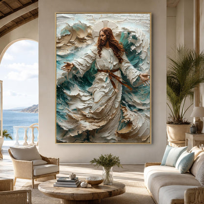 Blue and White Impasto Ocean Wave Seascape Wall Art – Divine Figure Painting
