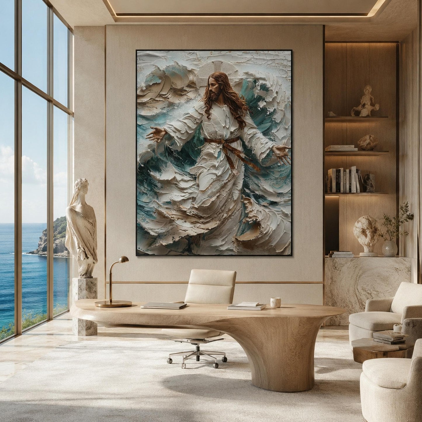 Blue and White Impasto Ocean Wave Seascape Wall Art – Divine Figure Painting