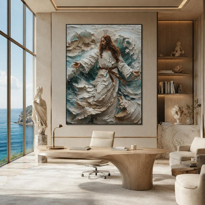 Blue and White Impasto Ocean Wave Seascape Wall Art – Divine Figure Painting