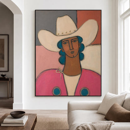 May include: A framed painting depicting a person wearing a cream-colored cowboy hat with star accents and blue hair. The figure has brown skin and wears a bright pink jacket with blue circular details over a cream shirt against a color-blocked background.