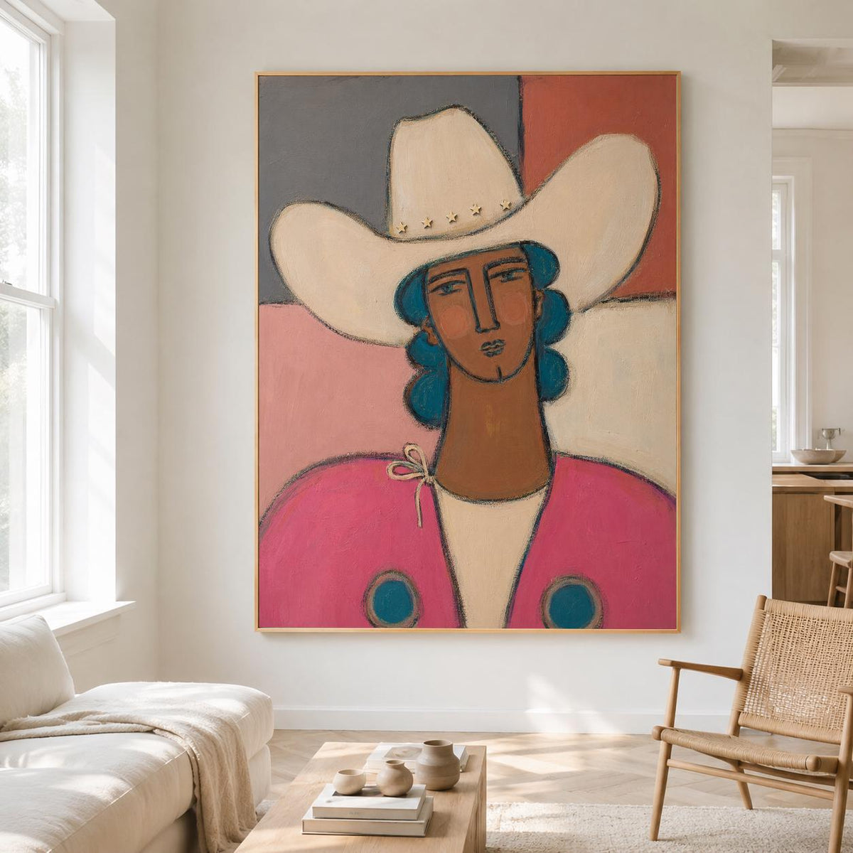 May include: A framed painting depicting a figure wearing a large cream-colored cowboy hat with small star accents. The figure has blue hair, a brown face, and wears a bright pink jacket with two blue circular details against a color-blocked background.