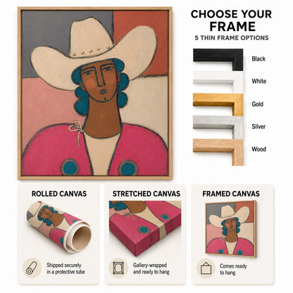 May include: A framed canvas print featuring a stylized painting of a person in a white cowboy hat and pink jacket. The image displays five thin frame options in black, white, gold, silver, and wood, alongside rolled, stretched, and framed canvas formats.