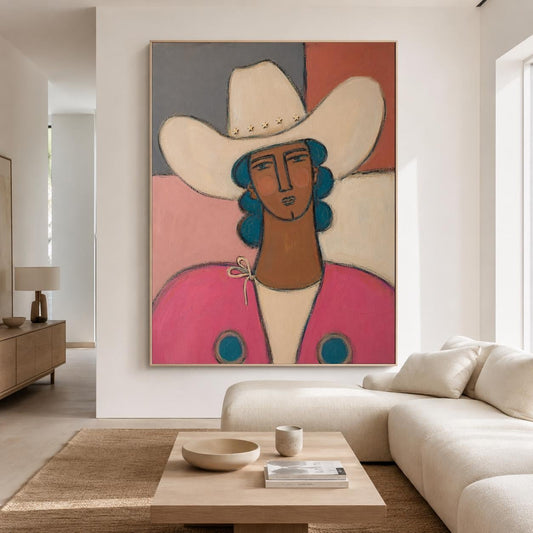 May include: A large rectangular wall art piece featuring a stylized portrait of a figure wearing a wide-brimmed cream cowboy hat. The figure has blue hair, a tan complexion, and wears a bright pink jacket with two prominent teal circular accents.
