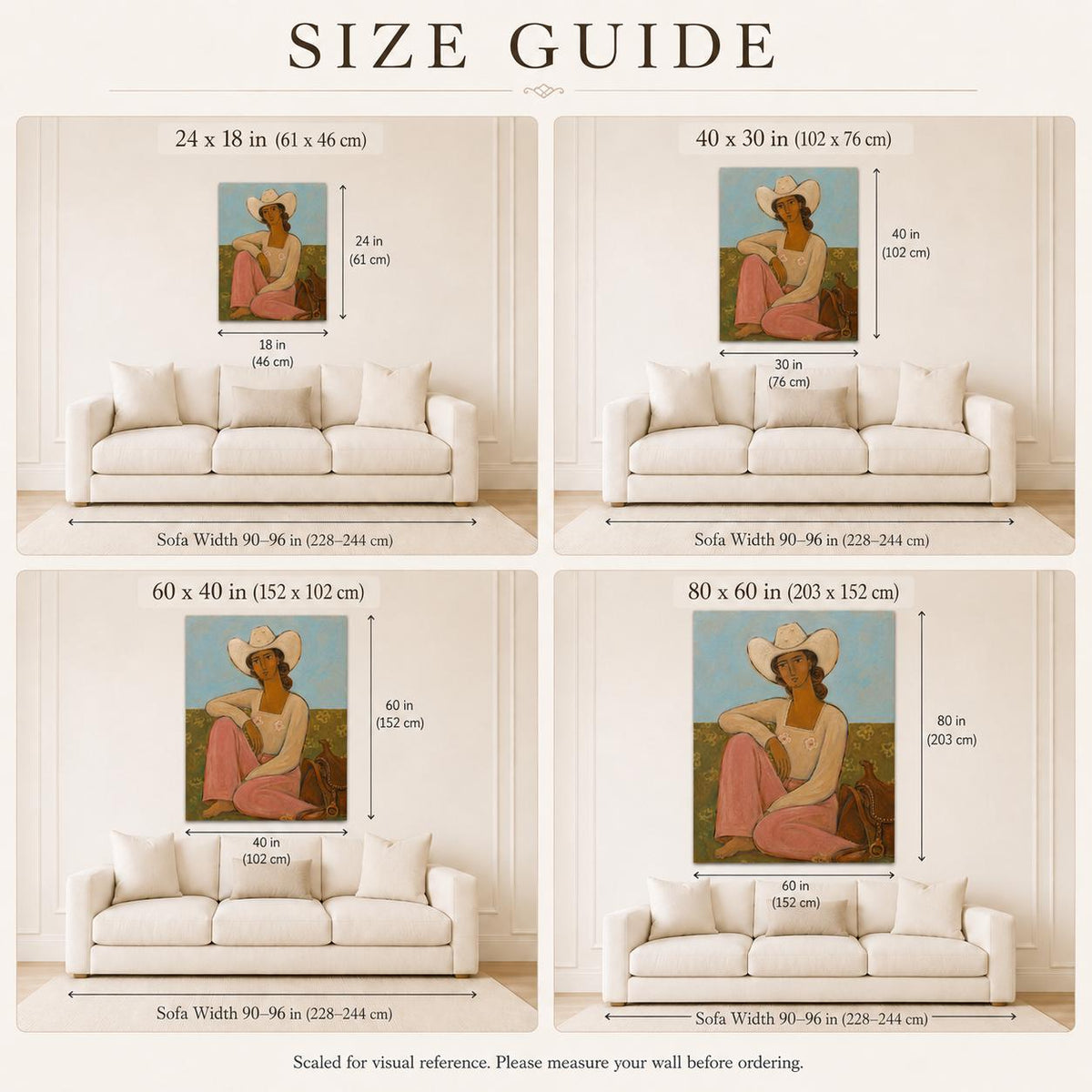 May include: A size guide chart displaying four variations of a wall art print featuring a person in a cowboy hat and pink pants, shown above a sofa. Dimensions include 24x18, 40x30, 60x40, and 80x60 inches, with sofa width references of 90-96 inches.