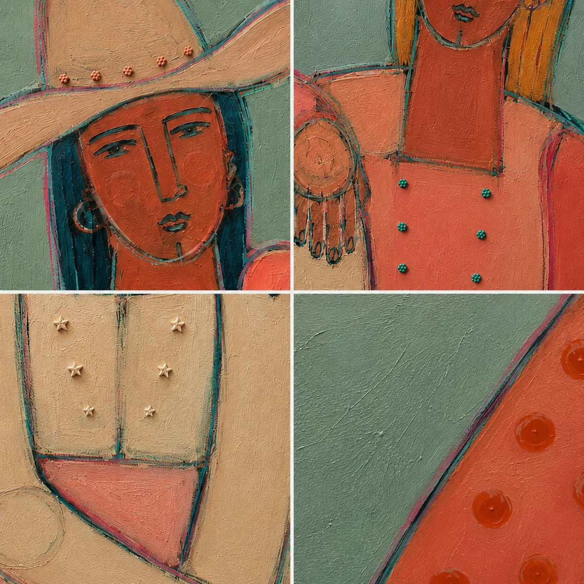 May include: A four-panel collage painting featuring a person in a tan hat with small flower accents, a person in a peach-colored top with turquoise buttons, a tan garment with star-shaped embellishments, and a textured orange surface with dots.