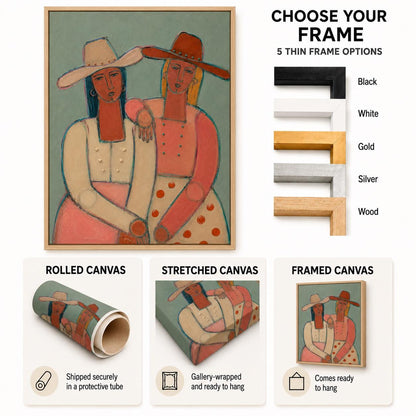 Cowgirl Duo Wall Art Western Figurative Portrait Canvas Painting for Eclectic Living Room Decor
