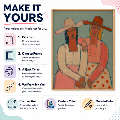 May include: A framed painting featuring two figures wearing cowboy hats, one in a cream top and pink skirt, the other in a coral top with orange polka dots. Text includes MAKE IT YOURS, 1. Pick Size, 2. Choose Frame, 3. Adjust Color, 4. We Paint for You.