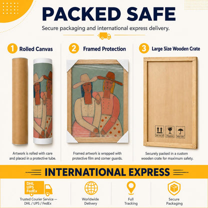 May include: An infographic titled PACKED SAFE showing three shipping methods: a rolled canvas in a protective tube, a framed artwork with protective film and corner guards, and a large wooden crate for secure transport of artwork.