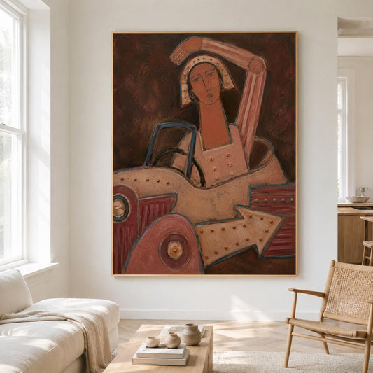 May include: A large rectangular wall painting featuring a stylized figure with a long neck and head covering, seated inside a vehicle with a prominent arrow shape. The artwork uses a palette of deep browns, muted reds, and cream tones throughout.