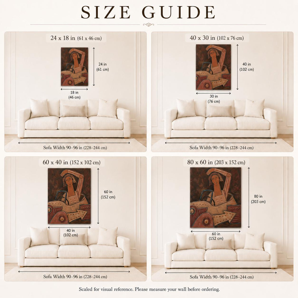 May include: A size guide for wall art featuring four panels showing a painting of a person in a car above a sofa. Dimensions are provided in inches and centimeters for sizes 24x18, 40x30, 60x40, and 80x60 inches. Text reads: SIZE GUIDE.