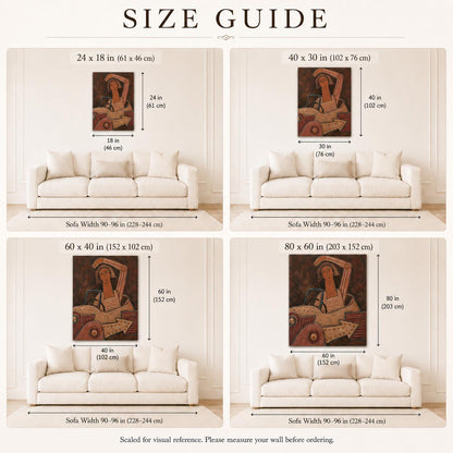 May include: A size guide for wall art featuring four panels showing a painting of a person in a car above a sofa. Dimensions are provided in inches and centimeters for sizes 24x18, 40x30, 60x40, and 80x60 inches. Text reads: SIZE GUIDE.