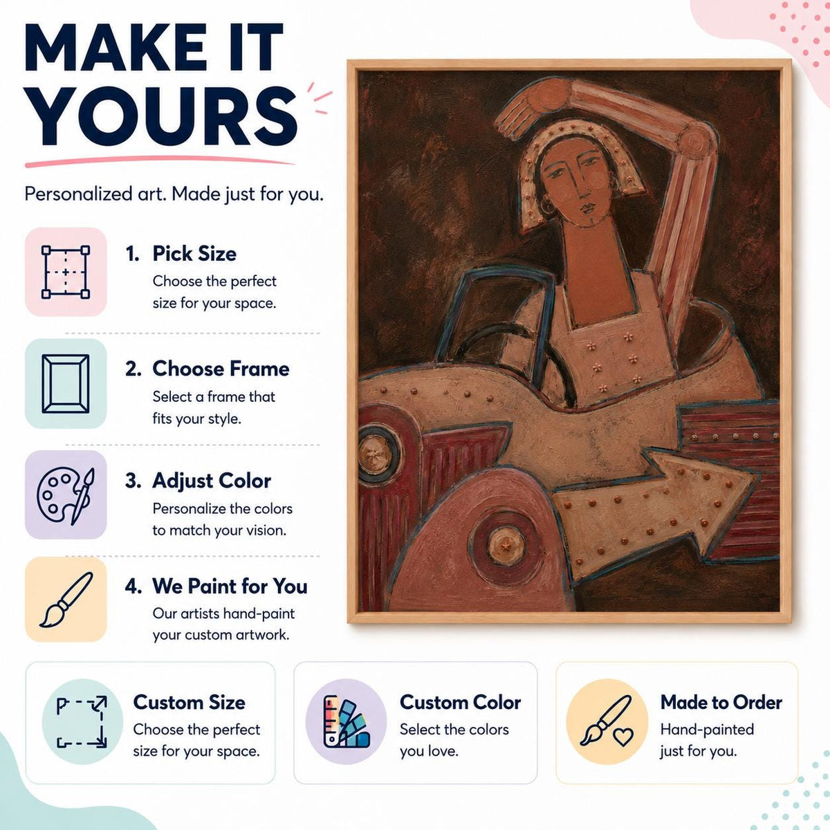 May include: A framed painting of a person in a vehicle with text reading MAKE IT YOURS, Personalized art. Made just for you. 1. Pick Size, 2. Choose Frame, 3. Adjust Color, 4. We Paint for You, Custom Size, Custom Color, and Made to Order.