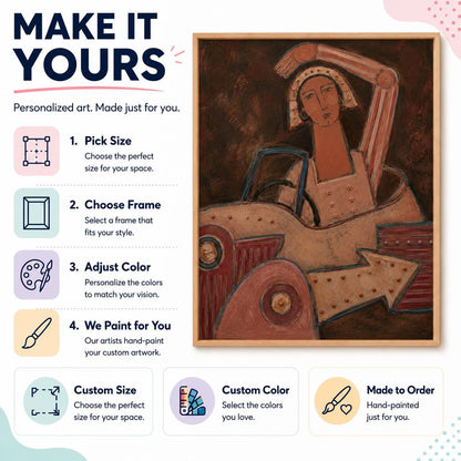 May include: A framed painting of a person in a vehicle with text reading MAKE IT YOURS, Personalized art. Made just for you. 1. Pick Size, 2. Choose Frame, 3. Adjust Color, 4. We Paint for You, Custom Size, Custom Color, and Made to Order.
