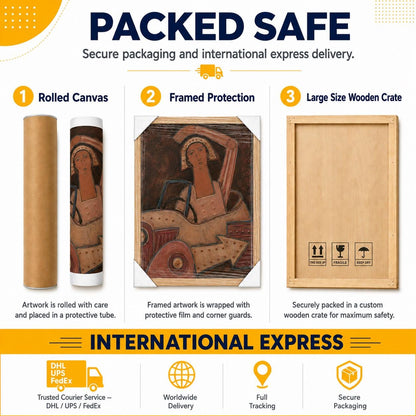 May include: An infographic titled PACKED SAFE showing three shipping methods: a rolled canvas in a protective tube, a framed artwork with corner guards and protective film, and a large wooden crate with fragile, this side up, and umbrella icons.