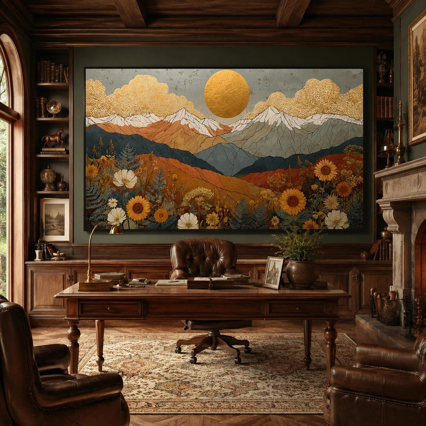 Golden Sun Mountain – Gold and White Wildflower Floral Wall Art | Boho Painting, view 3