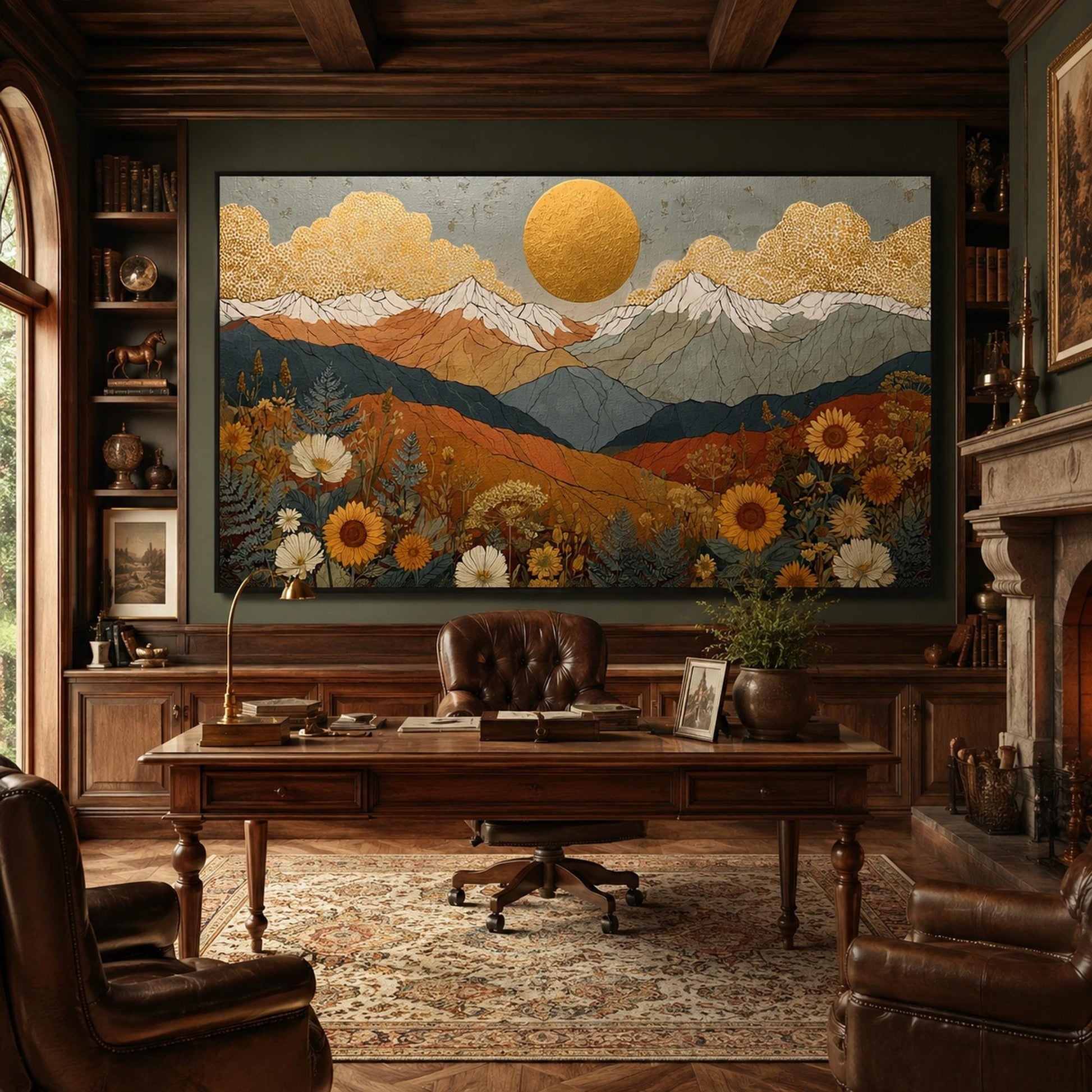 Golden Sun Mountain – Gold and White Wildflower Floral Wall Art | Boho Painting, view 3