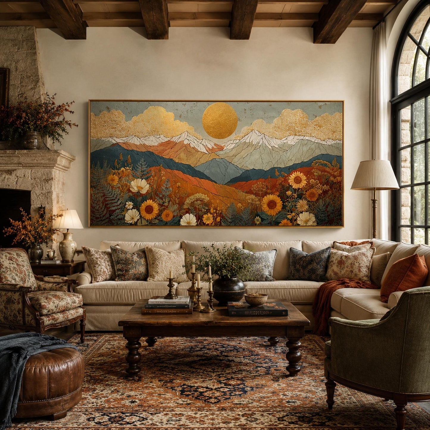 Golden Sun Mountain – Gold and White Wildflower Floral Wall Art | Boho Painting, view 4