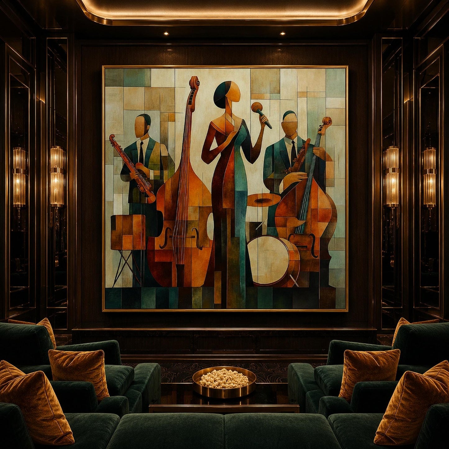 Olive and Gold Art Deco Geometric Wall Art – Jazz Singer Painting
