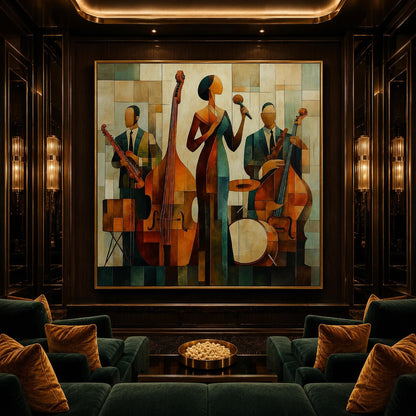 Olive and Gold Art Deco Geometric Wall Art – Jazz Singer Painting