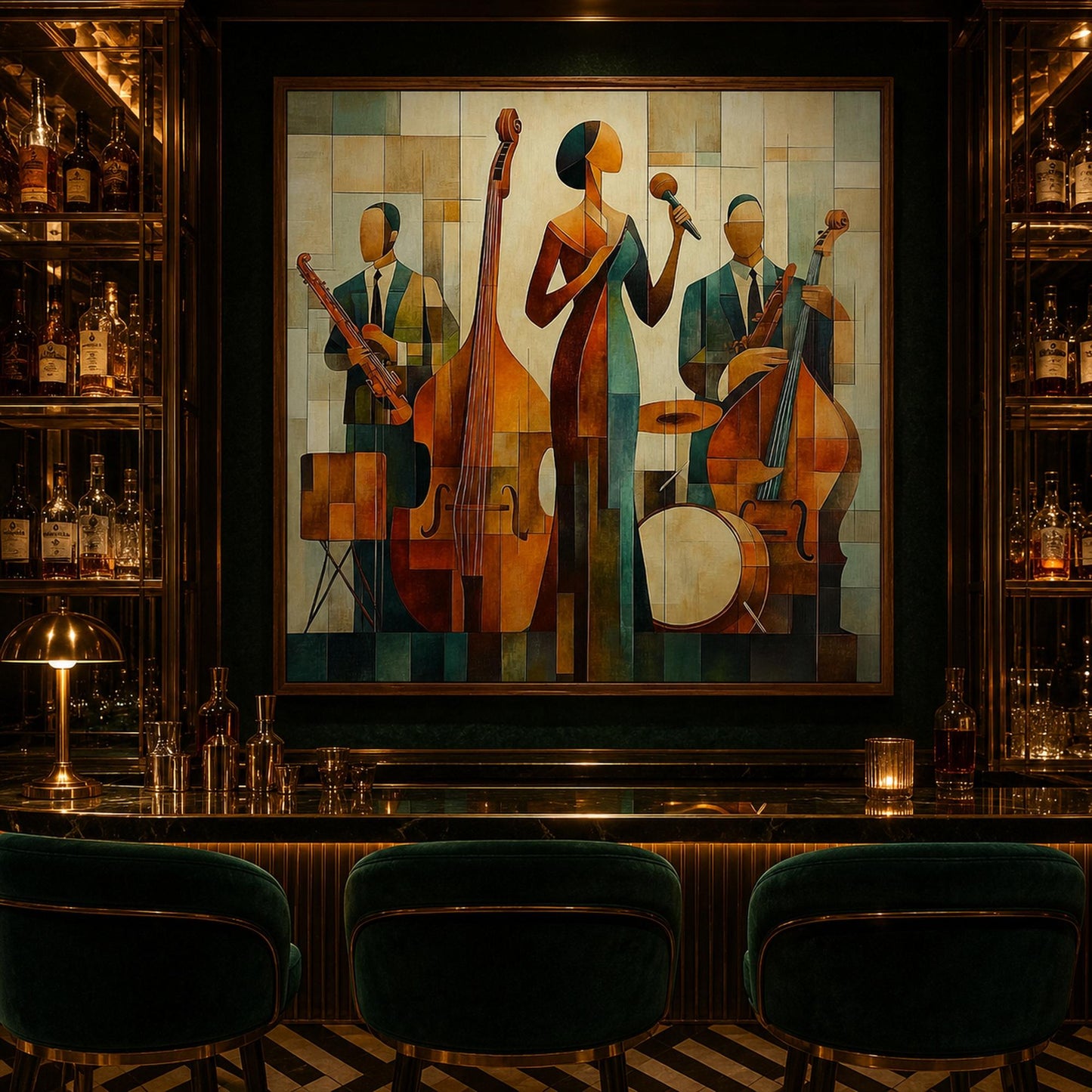 Olive and Gold Art Deco Geometric Wall Art – Jazz Singer Painting