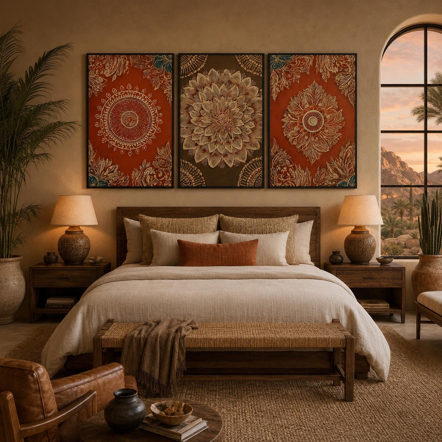 Gold and Red Boho Floral Wall Art – Mandala Triptych Wall Art 3 Panel Canvas Gold Red Indian Pattern Boho Decor Set Ethnic Floral Painting Large Living Room Bedroom