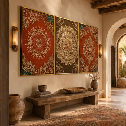 Mandala Triptych Wall Art 3 Panel Canvas Gold Red Indian Pattern Boho Decor Set Ethnic Floral Painting Large Living Room Bedr