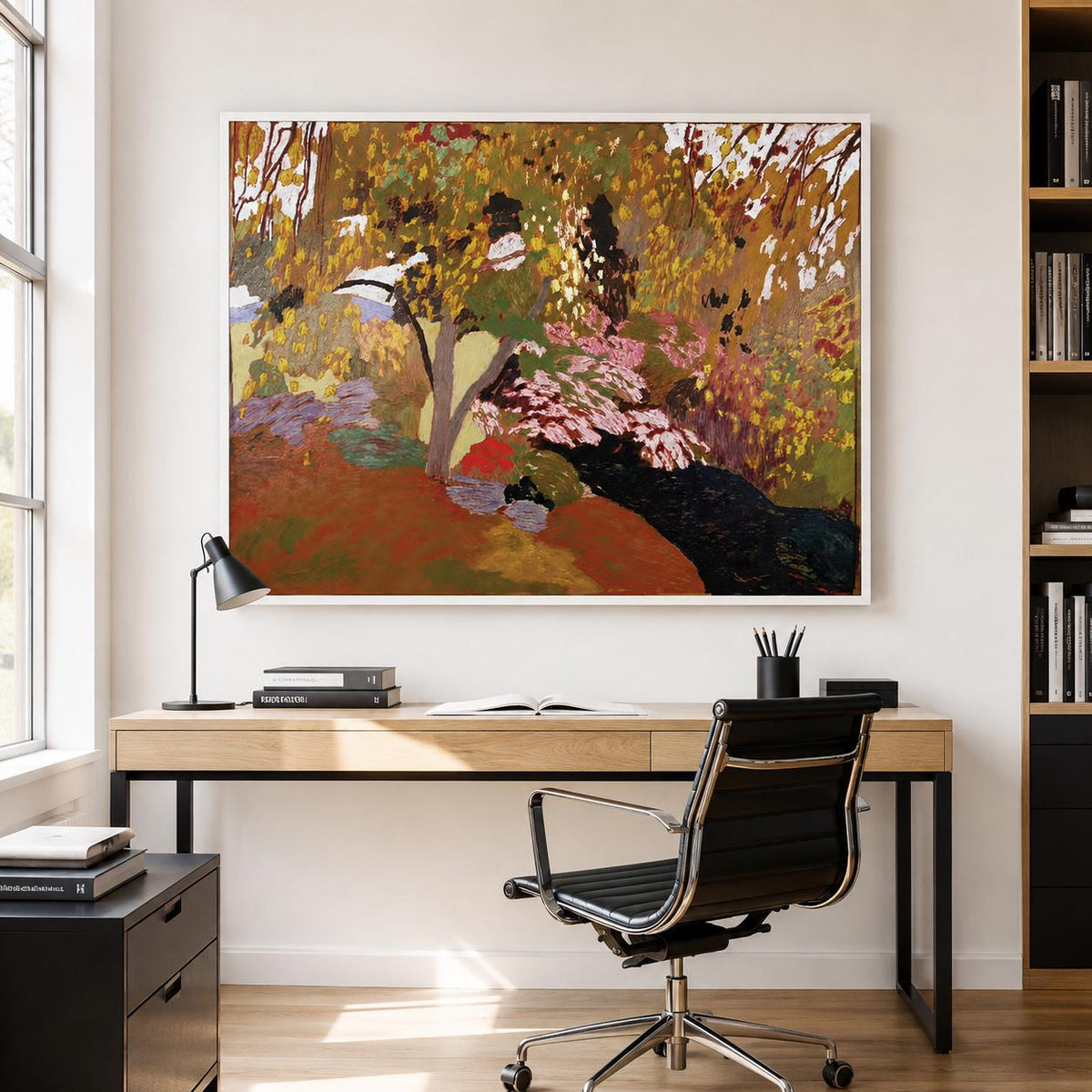 May include: A large rectangular framed wall art print featuring an impressionistic landscape painting with a palette of deep rust, olive green, golden yellow, and soft pink tones, depicting a dense garden scene with trees and a dark stream.